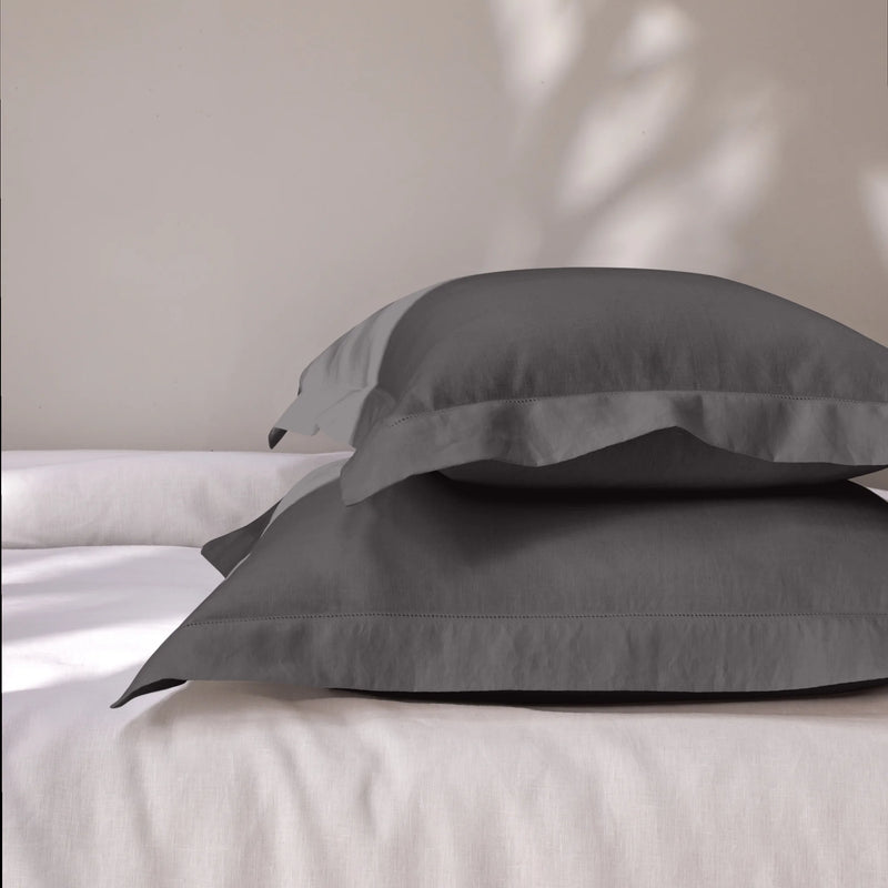 Hemstitch border dark grey linen pillowcase