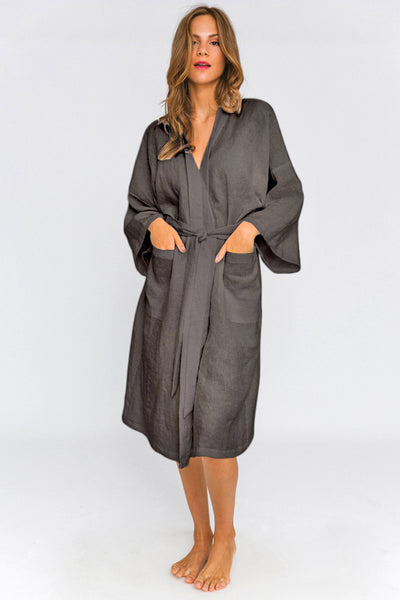 Linen Kimono bath robe lead grey - Laïs