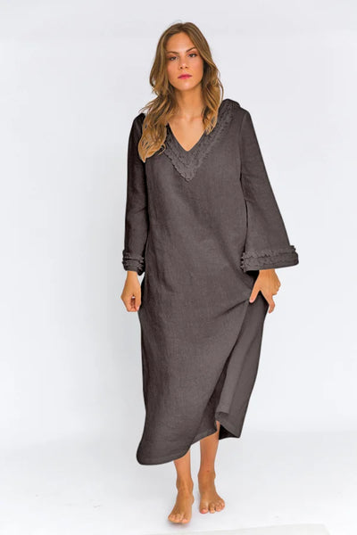 Long Ruffled Linen night dress “Bia” lead grey