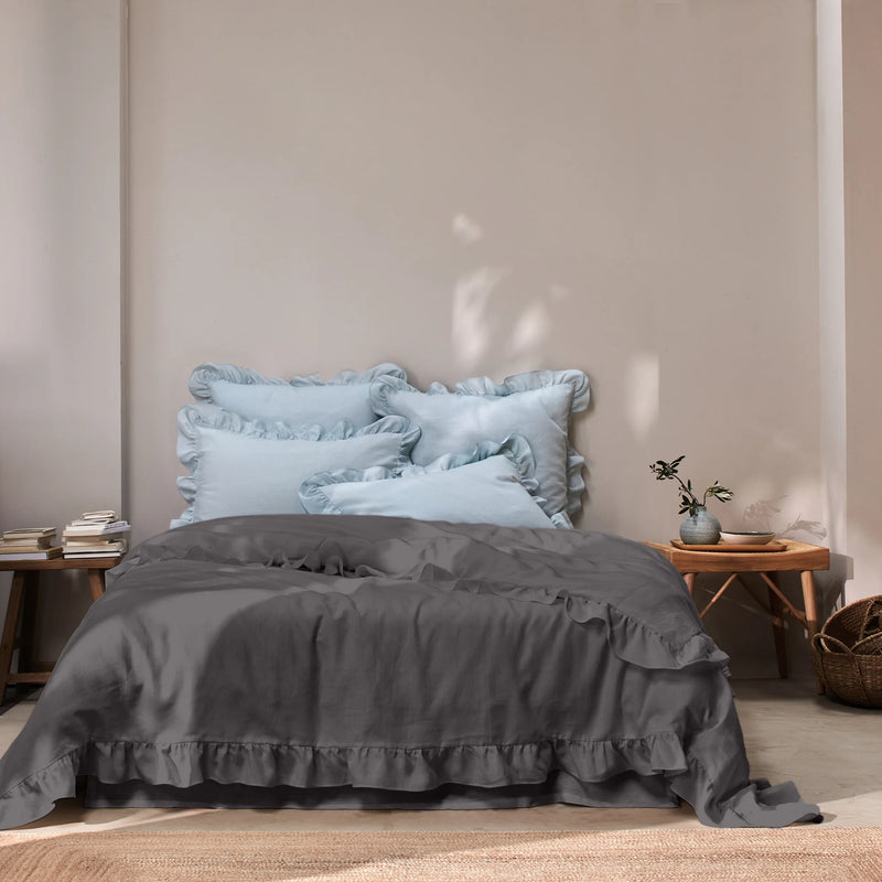 Ruffled Linen Duvet Cover dark grey