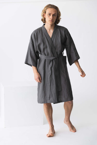 French linen long bathrobe, “Nelson” lead grey