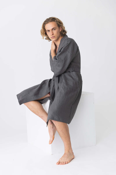 linen Kimono bathrobe, “Nelson” dark grey