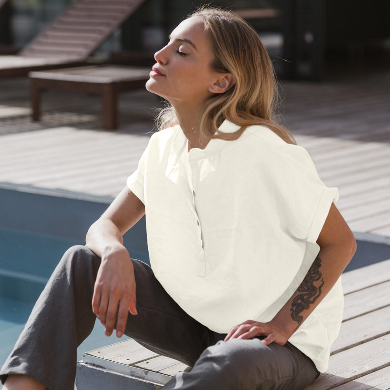 Linen blouse with short sleeves "Flor" ivory