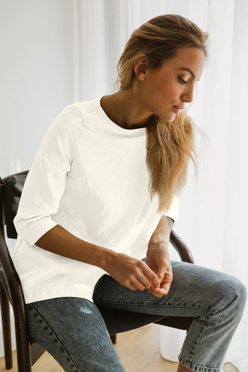 Linen Wrap Blouse Wide Boatneck Top ivory