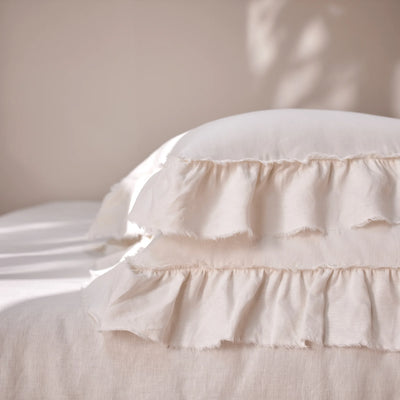 Ivory Linen Pillowcases with Frayed Ruffles