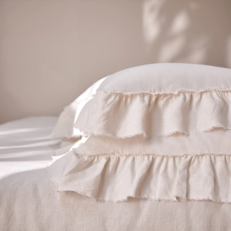 Ivory Linen Pillowcases with Frayed Ruffles