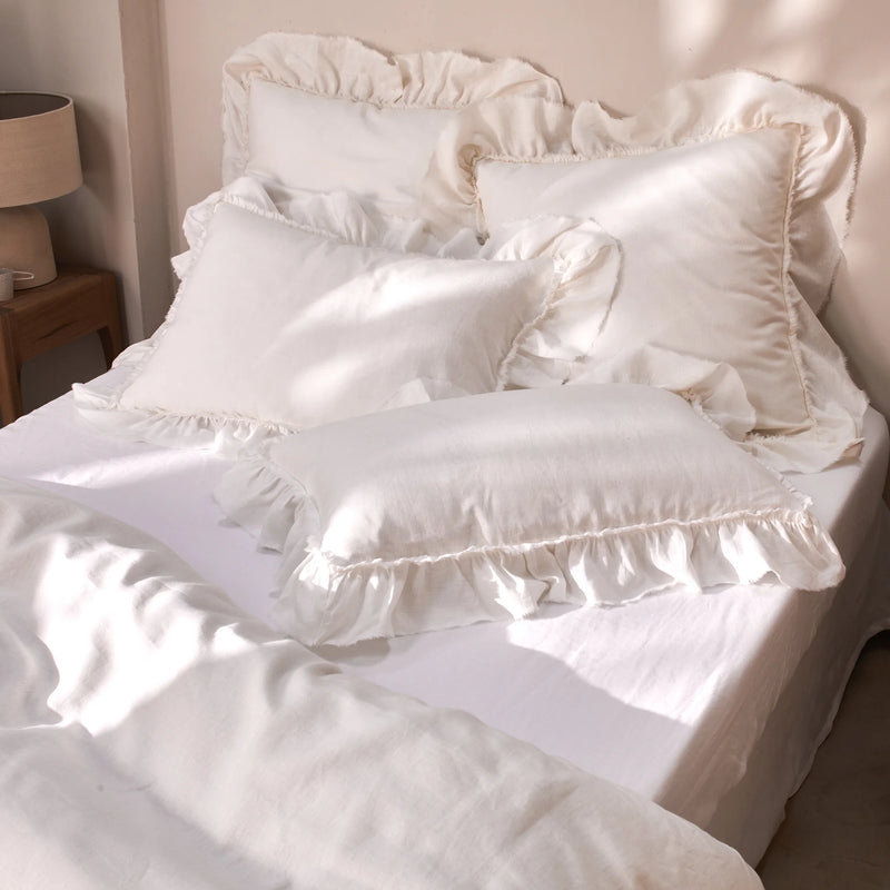 Frayed Ruffled ivory Linen Pillow Cases