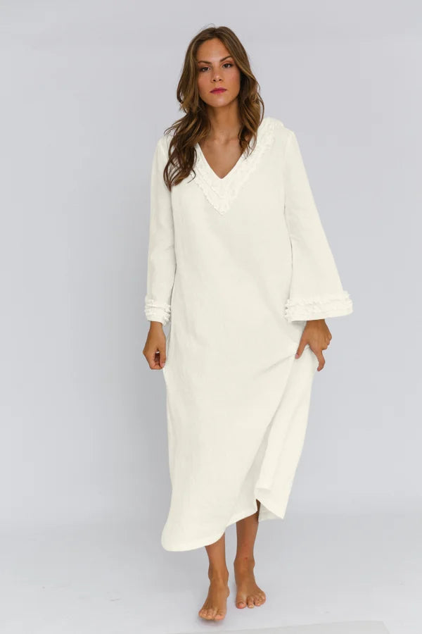 Long Ruffled Linen night dress “Bia” ivory