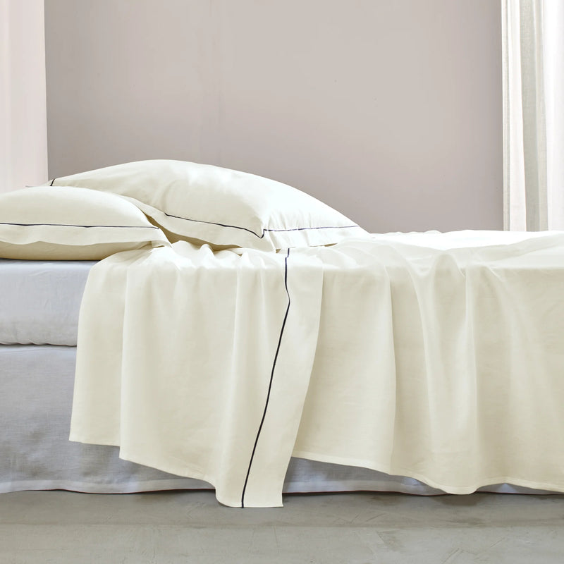 Bourdon border linen flat sheet ivory