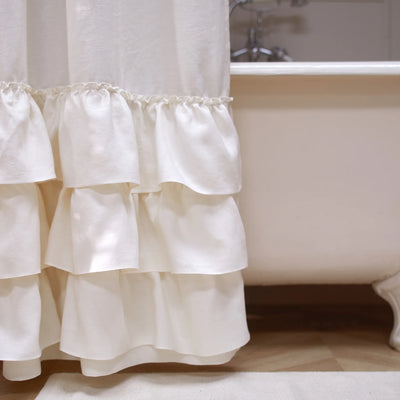 close up ruffles on shower curtain ivory