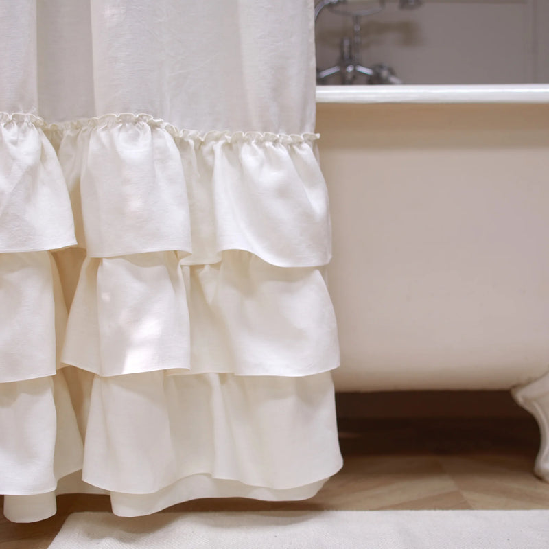 close up ruffles on shower curtain ivory