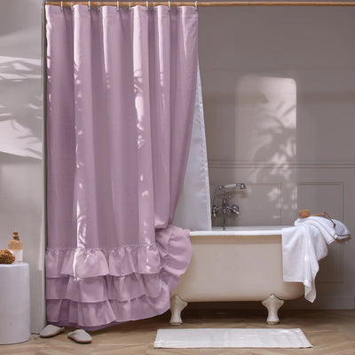 Washed Linen Ruffled Shower Curtain lilac