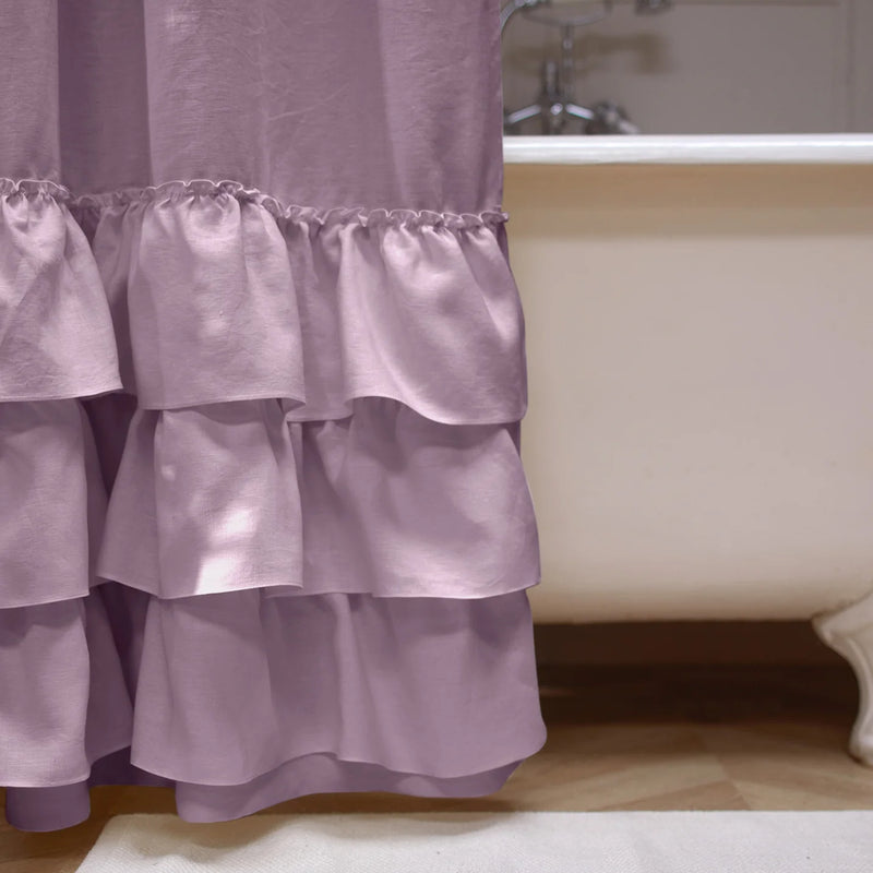 close up ruffles on shower curtain lilac