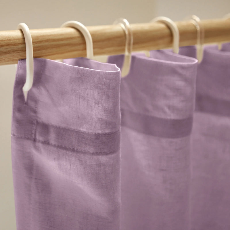 closeup linen shower curtain top lilac