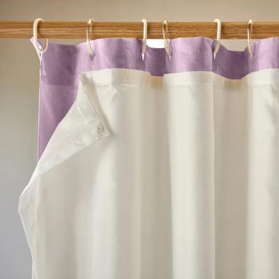 closeup lined linen shower curtain lilac