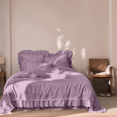 Frayed Ruffles Linen Duvet Cover Lilac