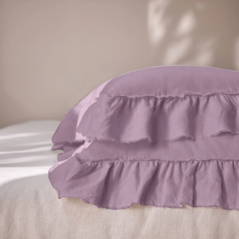 Lilac Linen Pillowcases with Frayed Ruffles