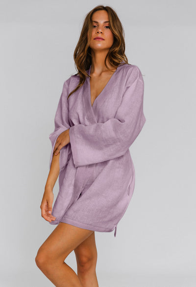 Linen Unisex Short Bathrobe "Alice" lilac