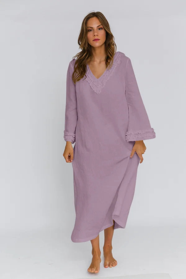 Long Ruffled Linen night dress “Bia” lilac