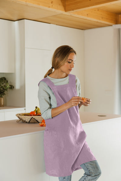 Japanese Style Washed Linen Pinafore Apron  lilac