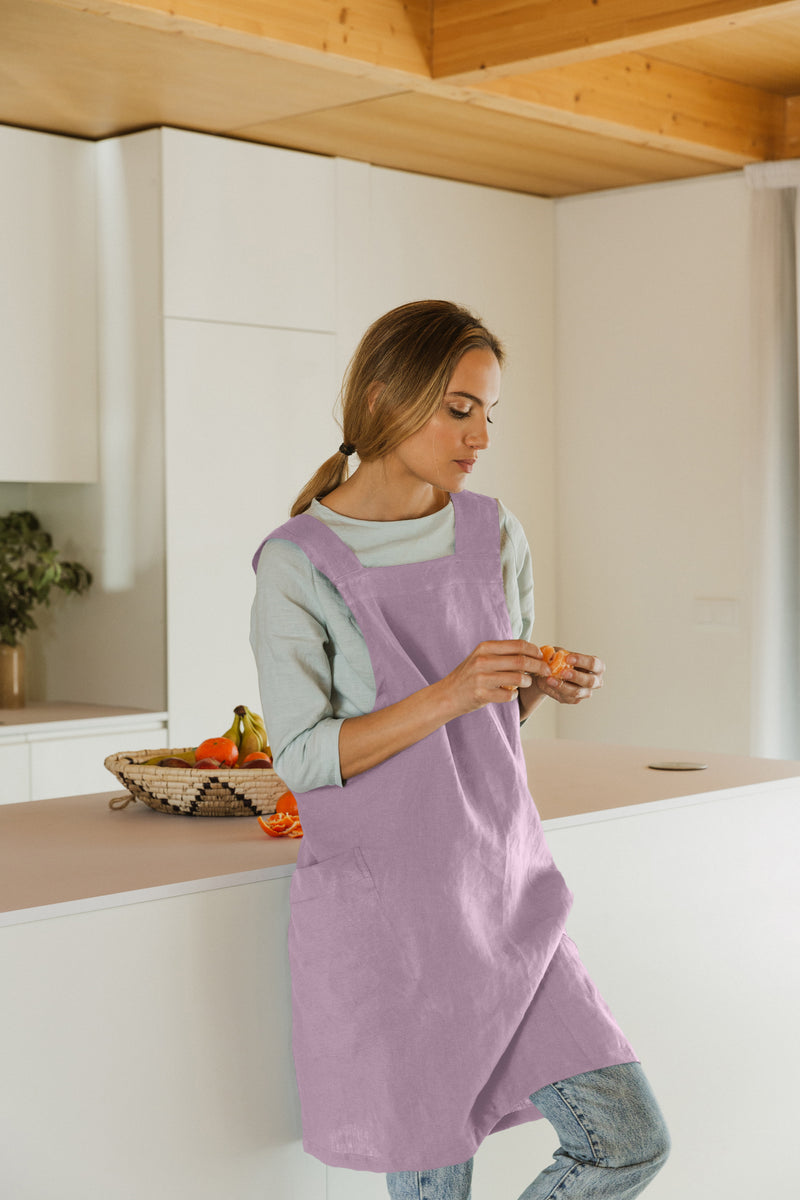 Japanese Style Washed Linen Pinafore Apron  lilac