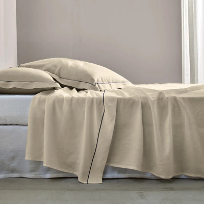 Bourdon border linen flat sheet beige