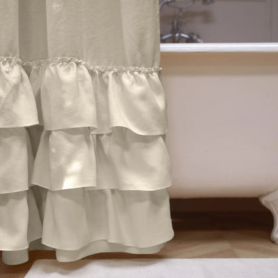 close up ruffles on shower curtain beige natural