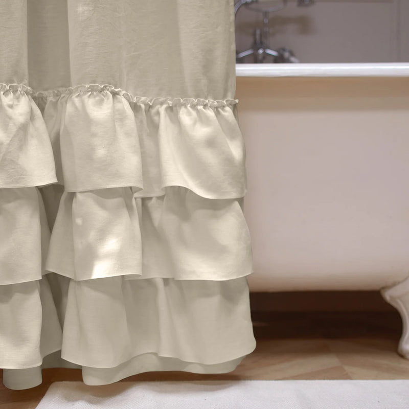 close up ruffles on shower curtain beige natural