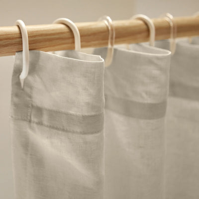 Closeup beige natural Linen Shower Curtain top