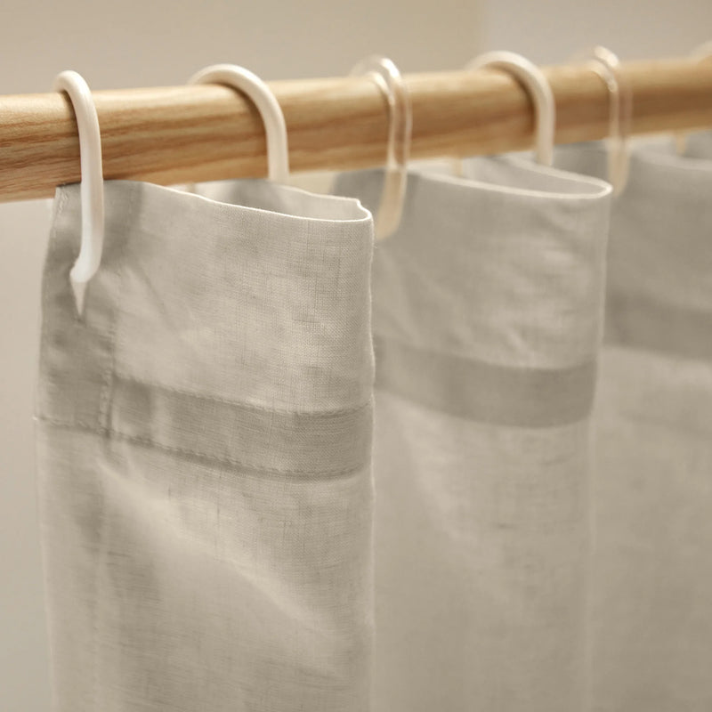 Closeup beige natural Linen Shower Curtain top