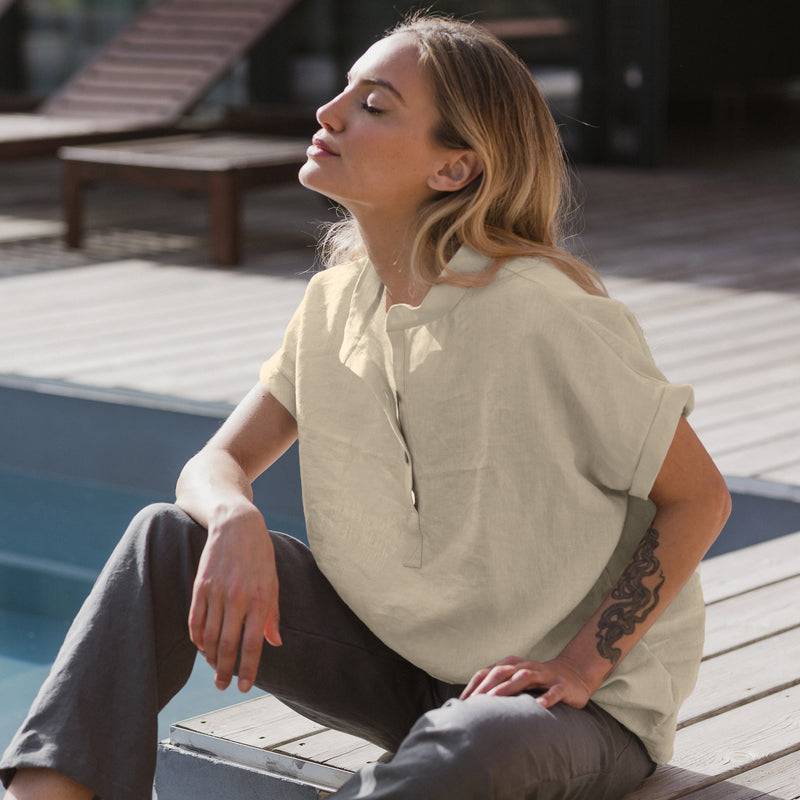 Linen blouse with short sleeves "Flor" beige natural