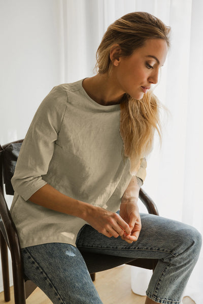 Linen Wrap Blouse Wide Boatneck Top beige natural