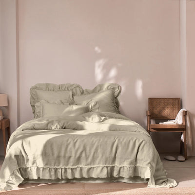 Frayed Ruffles Linen Duvet Cover Beige