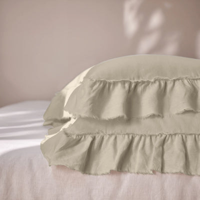 Beige Linen Pillowcases with Frayed Ruffles