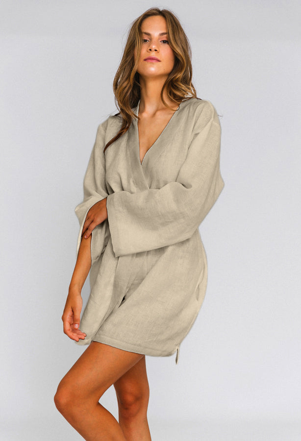 Linen Unisex Short Bathrobe "Alice" beige natural