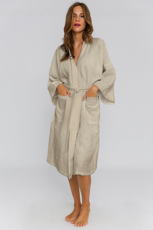 Washed Linen bathrobe Kimono Style “Laís” beige natural