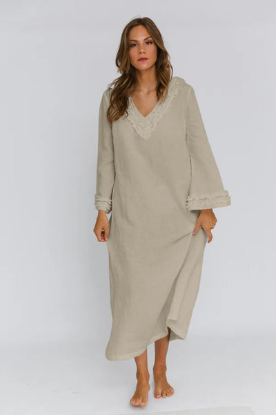 Long Ruffled Linen night dress “Bia” beige natural