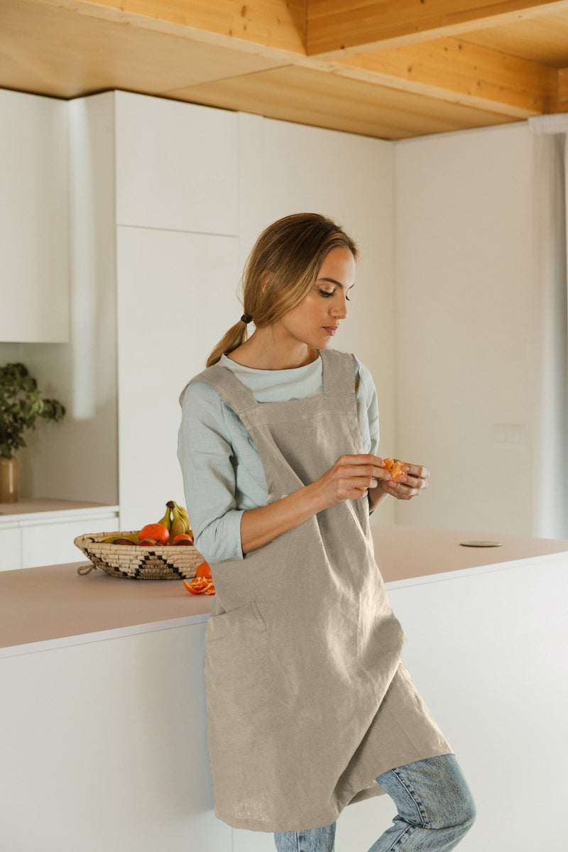 Japanese Style Washed Linen Pinafore Apron beige natural