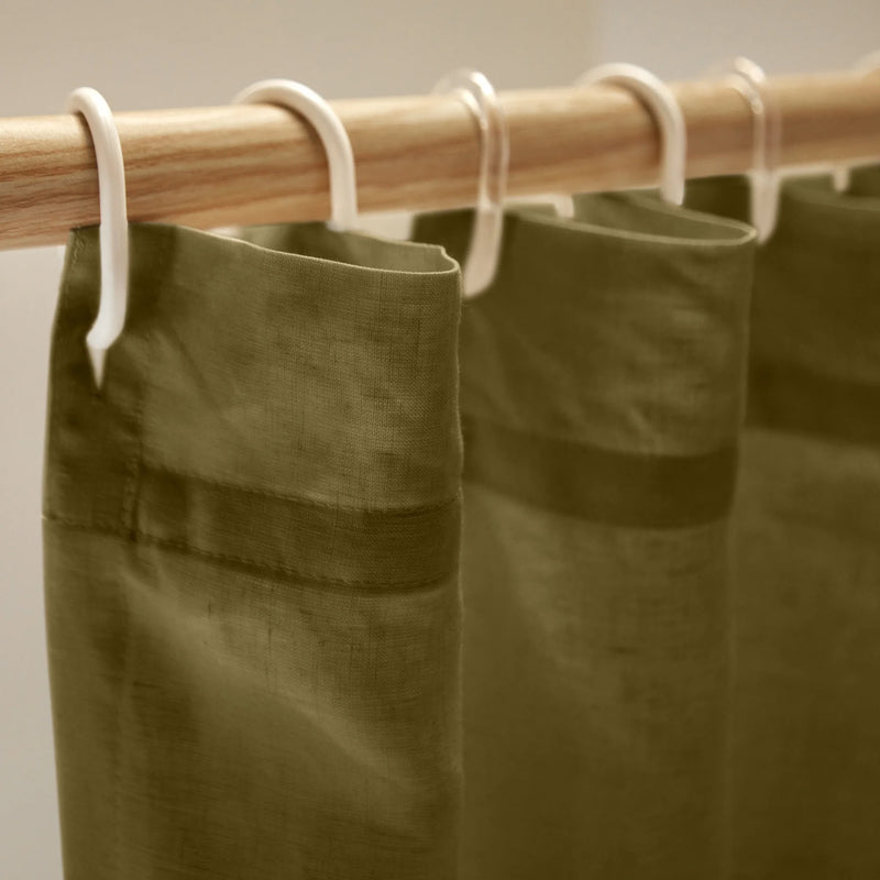 closeup linen shower curtain top green olive