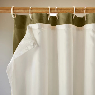 closeup lined linen shower curtain green olive
