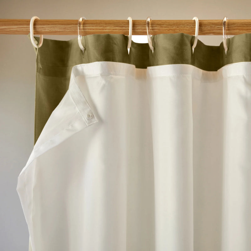 closeup lined linen shower curtain green olive