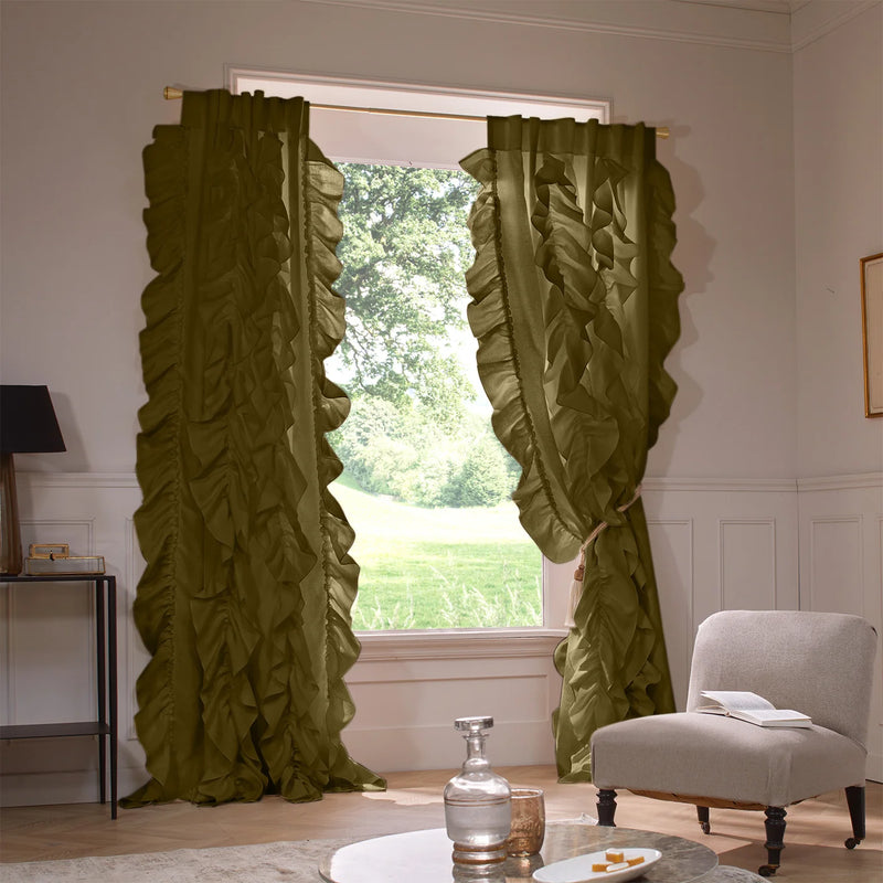 Ruffles green linen curtains