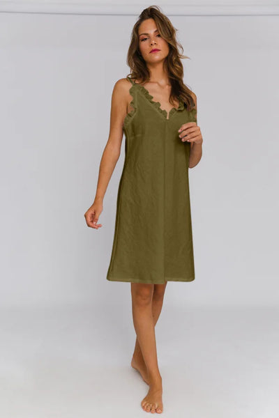 "Carla" linen ruffled nighty green olive