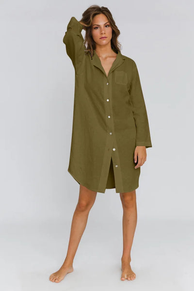 Long Soft linen Night Shirt “Eliza” green olive