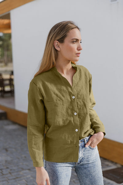 Casual linen blouse with long sleeves "Alana" mint green