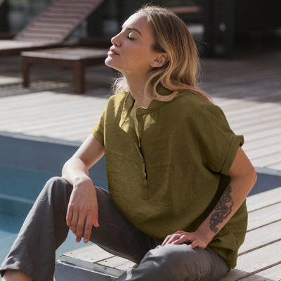 Linen blouse with short sleeves "Flor" green olive