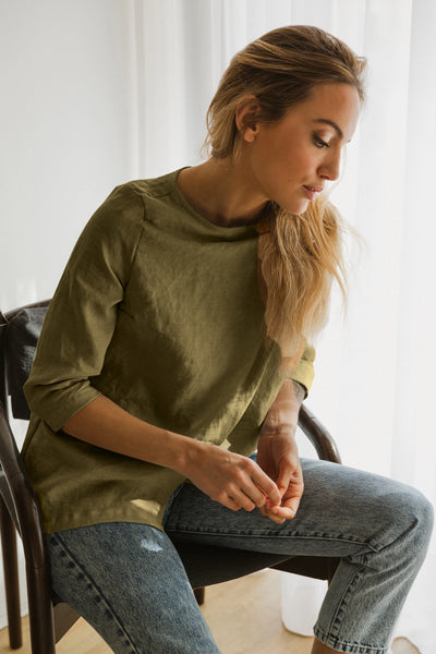 Linen Wrap Blouse Wide Boatneck Top green