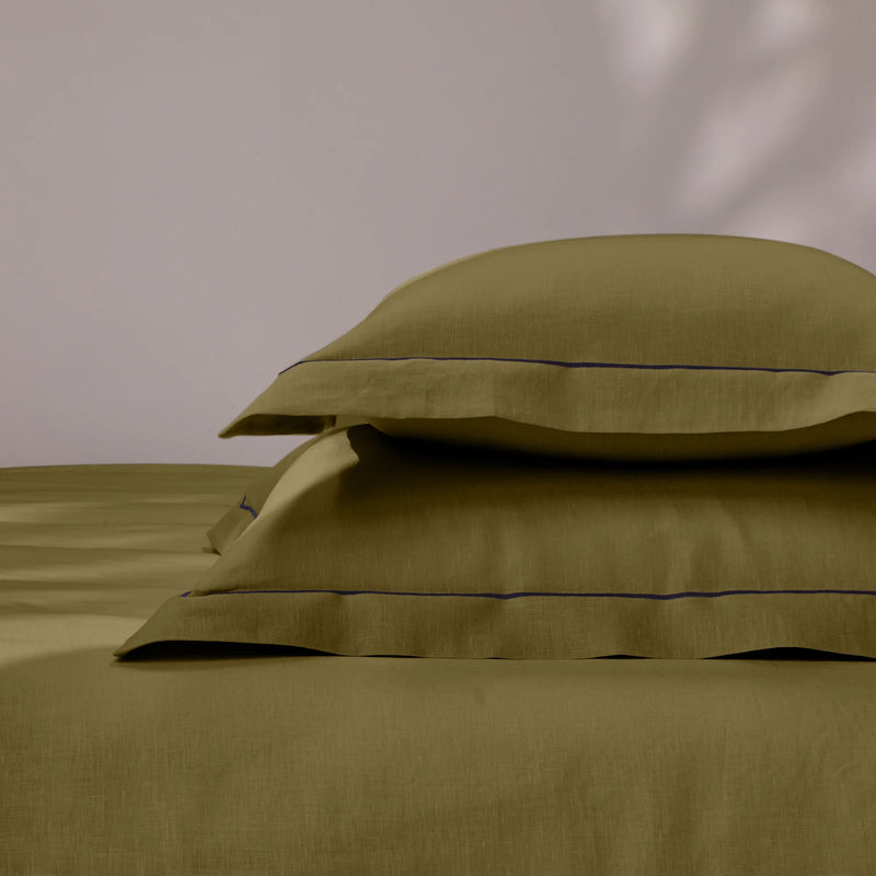 bourdon border green olive linen pillowcase