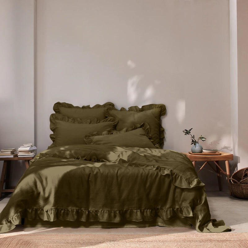 Ruffled Linen Duvet Cover green olive