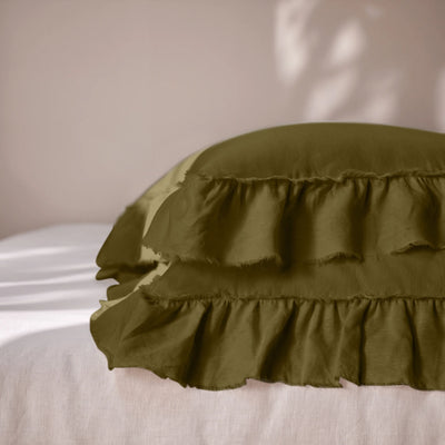 Green Linen Pillowcases with Frayed Ruffles